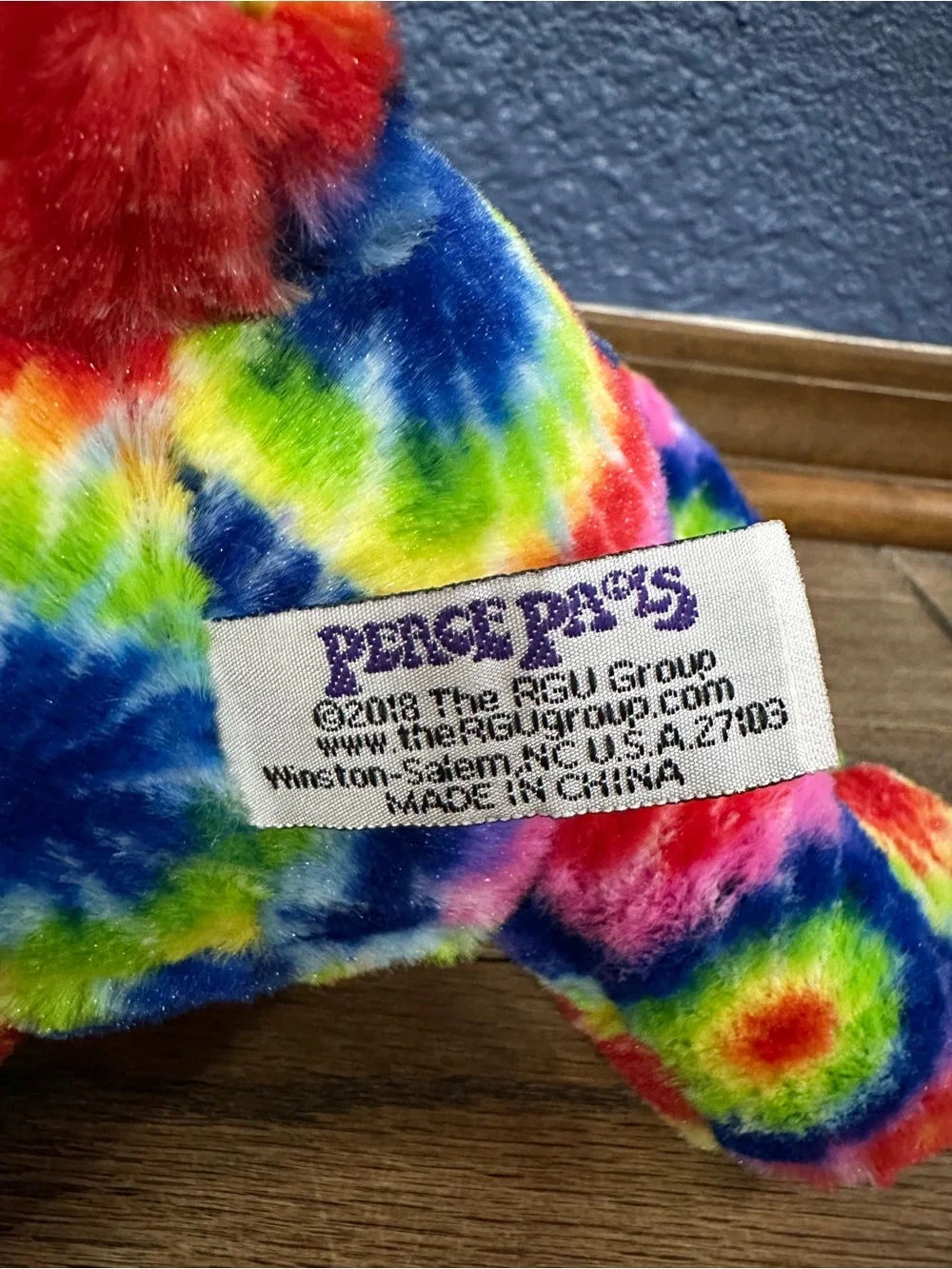 PEACE PALS Rainbow Tie Dye Bear Stuffed Animal Plush Plastic Glitter Nose